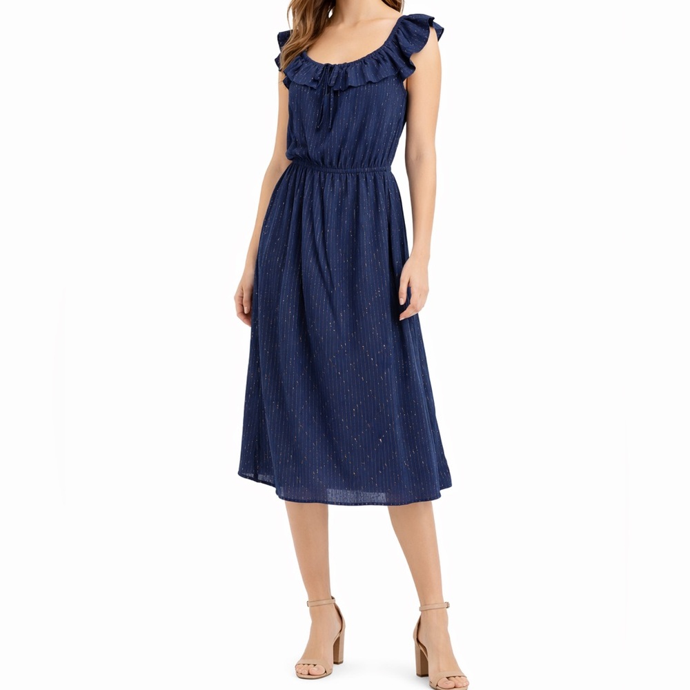 INC Navy Blue Metallic Midi Dress – Ruffle Neckline | Feminine & Flowy